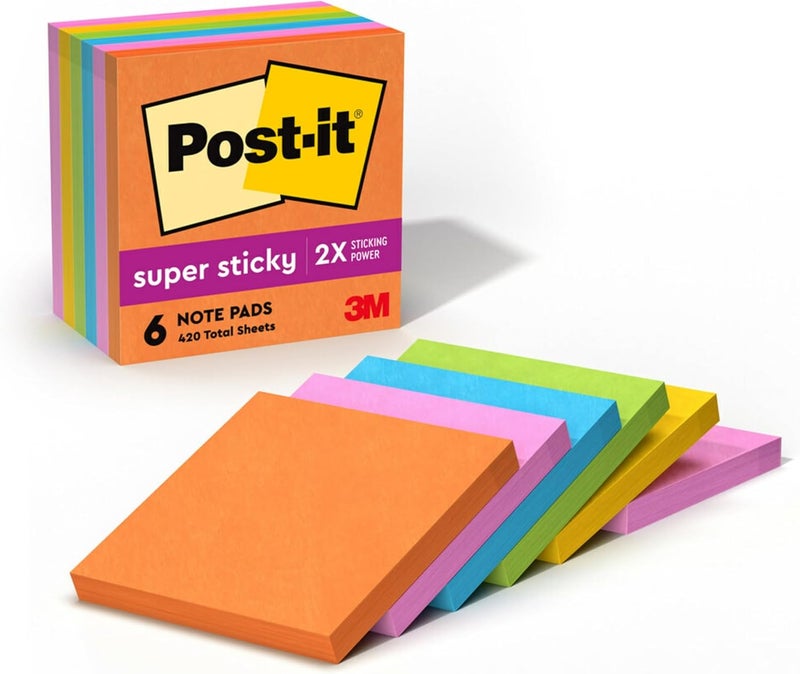 Post It Super Sticky Notes, 3x3 in, 6 Pads, 2X The Sticking Power, Energy Boost Collection, Bright Colors (Orange, Pink, Blue, Green),Recyclable (654-6SSAU) - Image 1